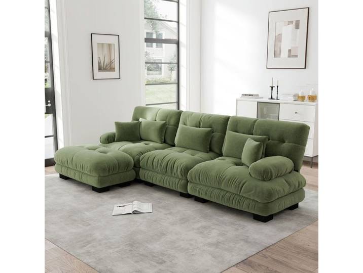Canapé d'angle modulaire - SOGEU - Canapé modulable en L - Velours chenille vert - Lit profond avec ottomane - Réversible