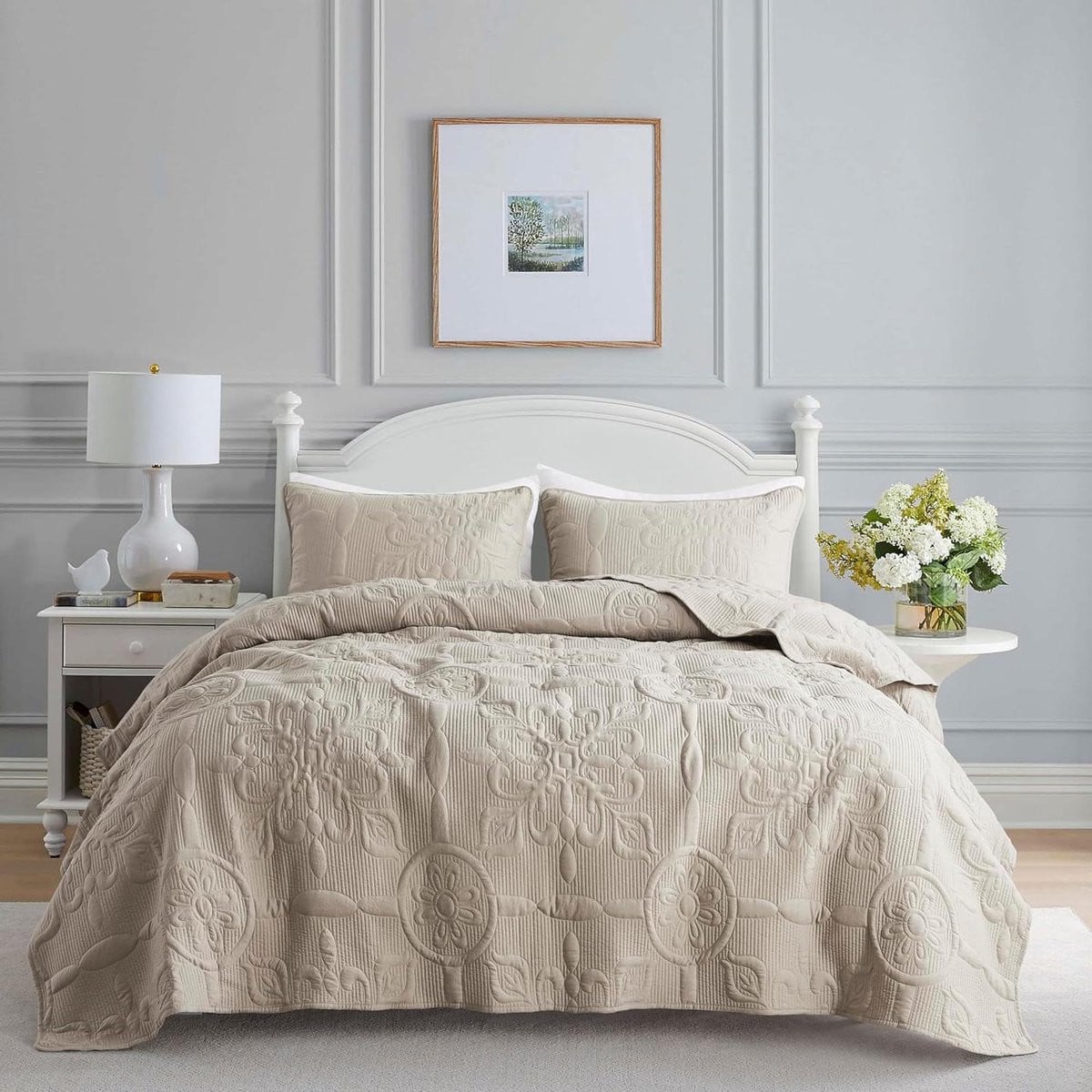 3-delig gewatteerd dekbedovertrekset Queen size - Beige
