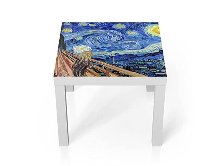 DEQORI Glastisch weiß klein 55x55 cm Motiv Munch trifft Van Gogh ausgefallener Beistelltisch aus Glas Hochglanz Couchtisch fürs Wohnzimmer moderner Couch Tisch mit Design