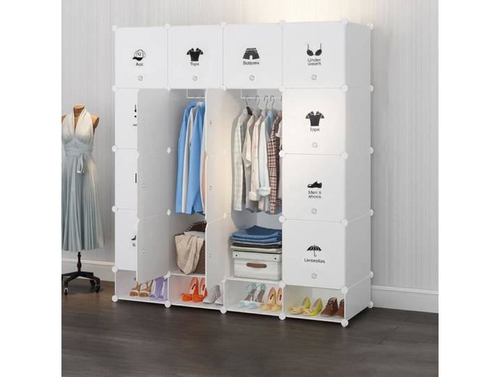 Armoires Etagères Plastiques - Penderie Plastiques Meuble Rangement 16 Cubes Modulables + 4 Cubes Chaussures Blanc