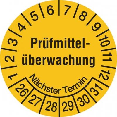 König Werbeanlagen Prüfplakette ab 26, Prüfmittelüberwachung Nächster Termin, gelb/schwarz, Folie, Ø 20mm - Bogen = 10 Stk. - 20 mm Folie selbstklebend