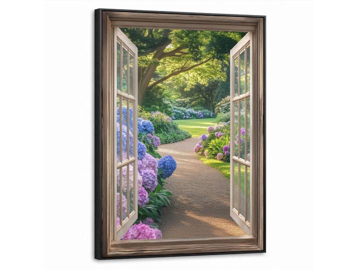 MuchoWow Leinwand Bilder mit Rahmen - Aussicht - Garten - Fenster - Hortensie - Blumen - 50x70, Pastellblau, Rechteckig, 50x70 cm, gerahmt, Bilder & Rahmen, Bilder, Leinwandbilder