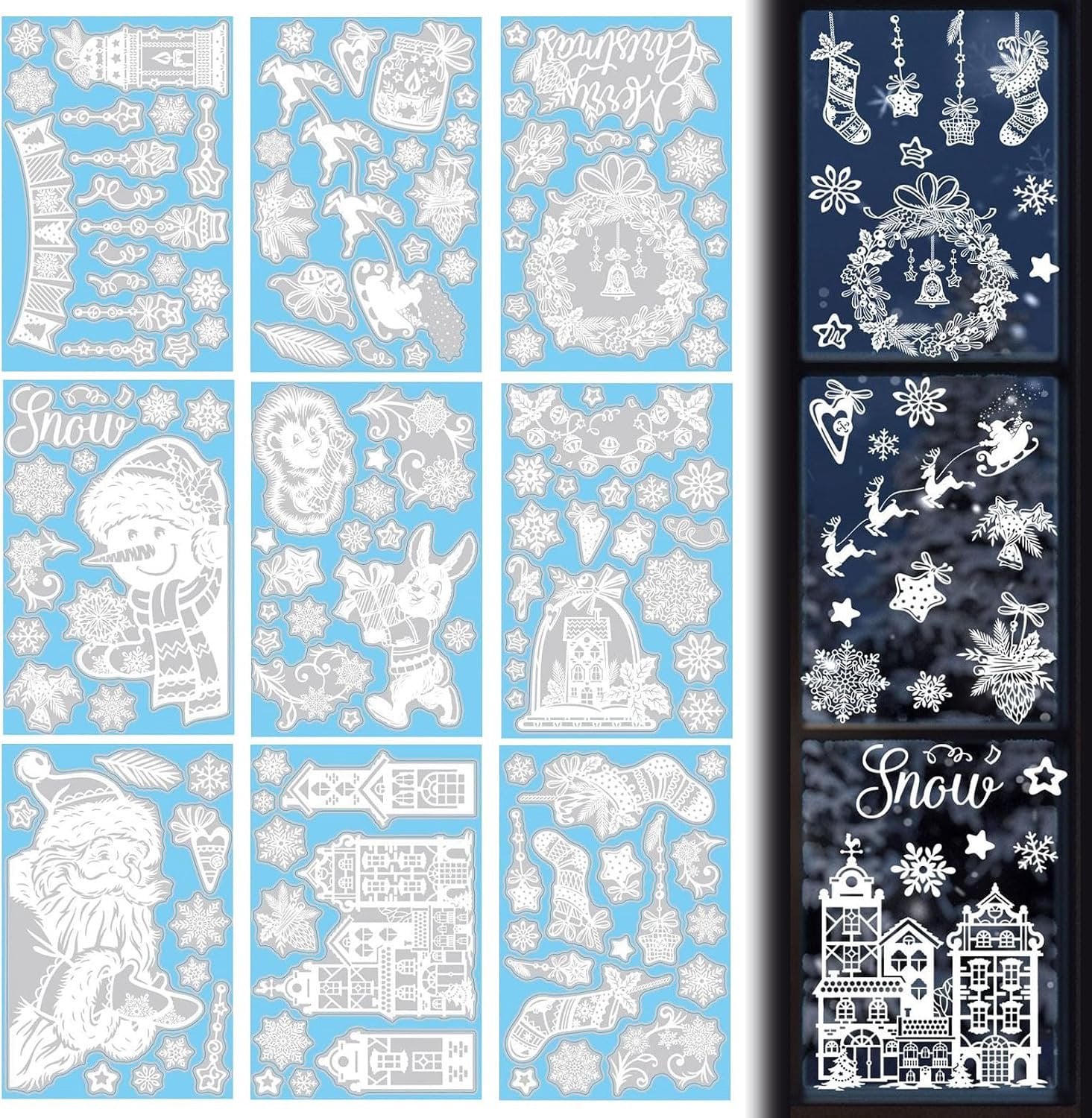 Set van 9 witte kerst raamstickers van PVC voor feestelijke decoratie
