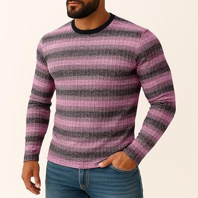 Herren Muskelshirt Geripptes Strick-T-Shirt T-Shirt Langarmshirt Langarm Rundhalsausschnitt Sommer Ganzjahres Horizontale Streifen Täglich Lässig Streetstyle Gerippt Outdoor Straße Lässig Rosa Gelb