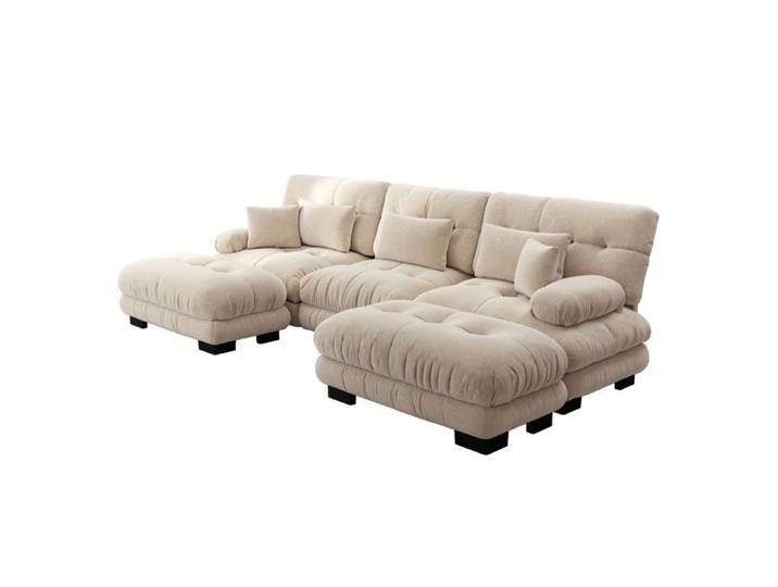 Canapé d'angle modulable U nuage chenille marron clair convertible lit pouf 313x145x81cm