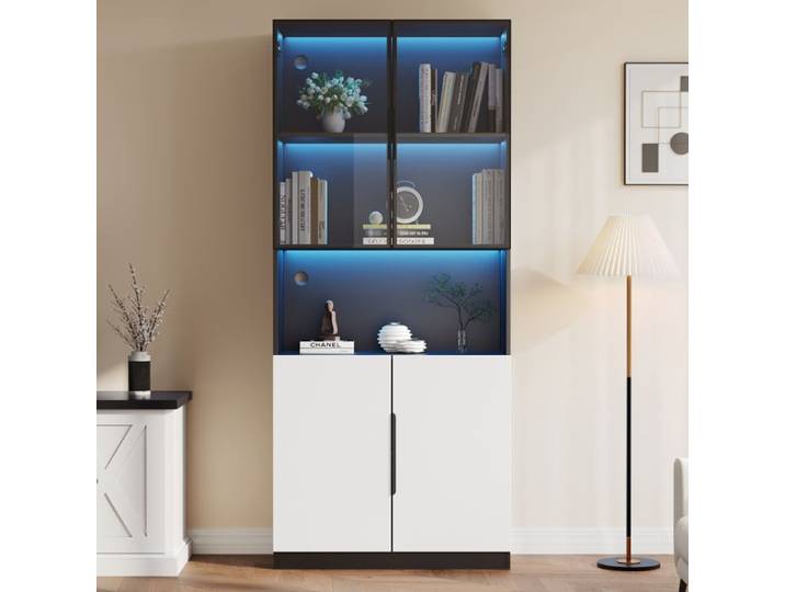 Vitrine armoire salon - LANGTU - 80x30x200 cm - 4 portes vitrées - Éclairage LED réglable - Cadre alu & verre trempé