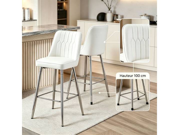 URTR Lot de 2 Tabouret de bar ergonomie - Chaise haute 42x45x100cm - Avec repose-pieds - En PU et cadre métal argenté - Blanc
