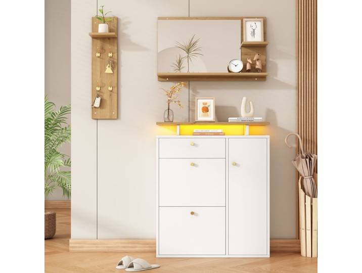 Ensemble de Vestiaire d'Entrée - avec LED - 3 Pièces - Miroir - Porte-Manteau - Meuble à Chaussures - Blanc et Bois - MERAX