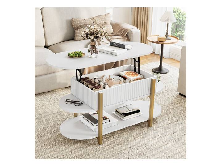 FUROKOY Couchtisch oval höhenverstellbar Wohnzimmertisch mit verstecktem Stauraum, Sofatisch 3-Etagen-Design,Wellenmuster,Weiß