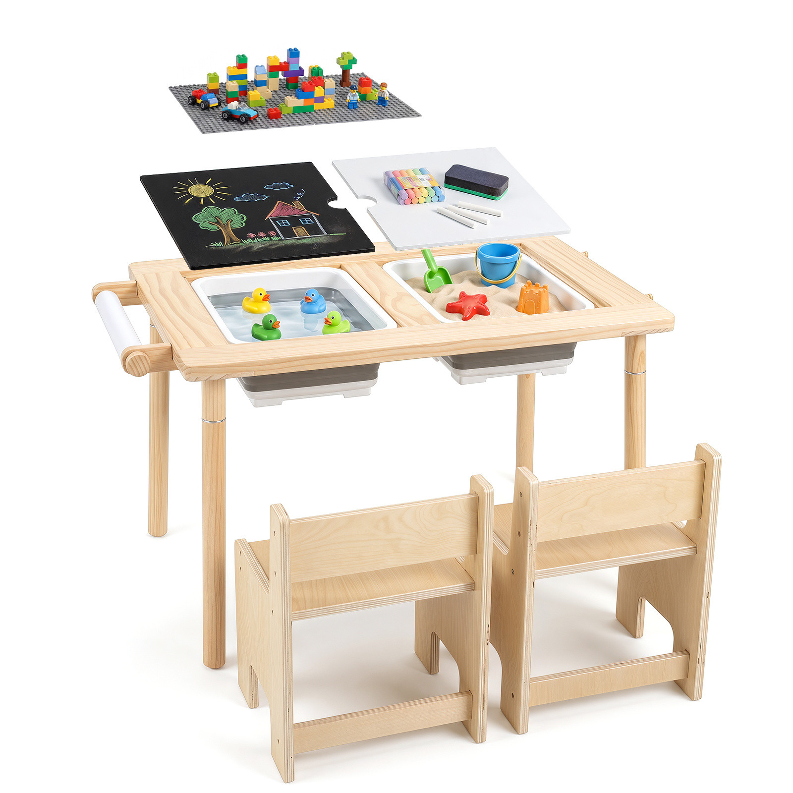 Costway Kindertafel en Stoelset van Hout met 2 Stoelen en Hoogteverstelbaar Kinderbureau