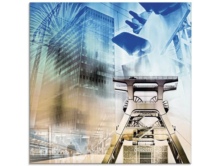 Glasbild ARTLAND Essen Skyline Abstrakte Collage II , blau (farbe bild(er): blau), B:50cm H:50cm, Bilder, Glasbild, in verschiedenen Grössen