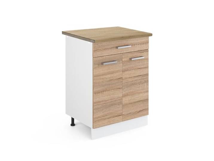 Vicco Küchenunterschrank R-Line, Sonoma, 60 cm 1 Schublade · Arbeitsplatte Eiche · Höhenverst. Füße · 2 Türen · Leichter Zugriff