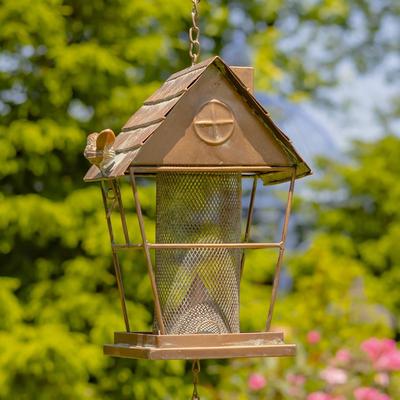 Zaer Ltd "42"" Hanging Cottage Shaped Iron Birdfeeder with Toadstool & Bell - 8"" L x 5.75"" W x 42"" H"