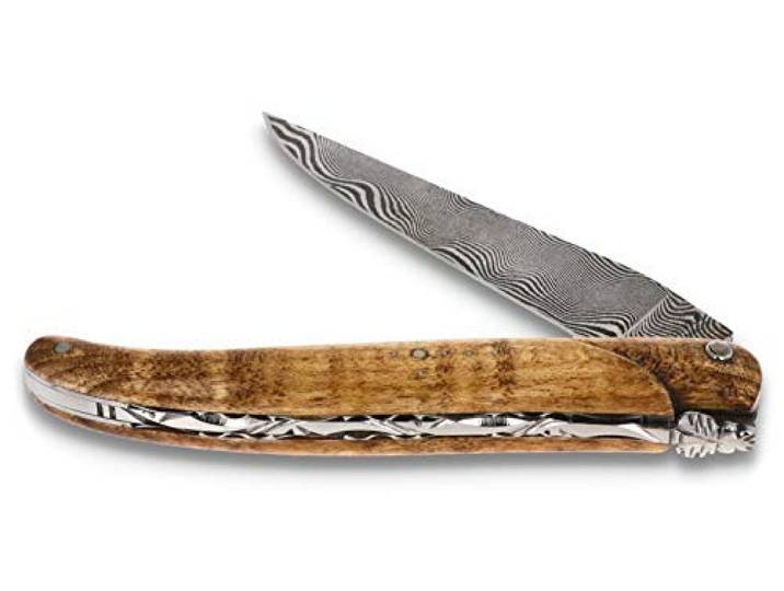 Laguiole en Aubrac Messer 12 cm - Griff geflammter Ahorn plein manche - Zisellierte Platine - Damastklinge - Frankreich Taschenmesser