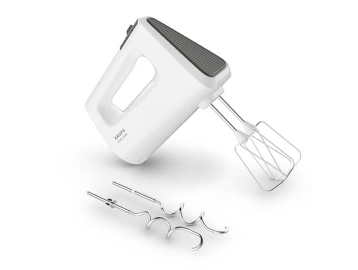 Krups 3 Mix 4000 Handmixer, 450 Watt, robustes Design, variabler Geschwindigkeitsregler, Turbo- und Auswurf-Funktion, inkl. 2 Rührbesen und 2 Knethaken, weiß/grau, GN4001