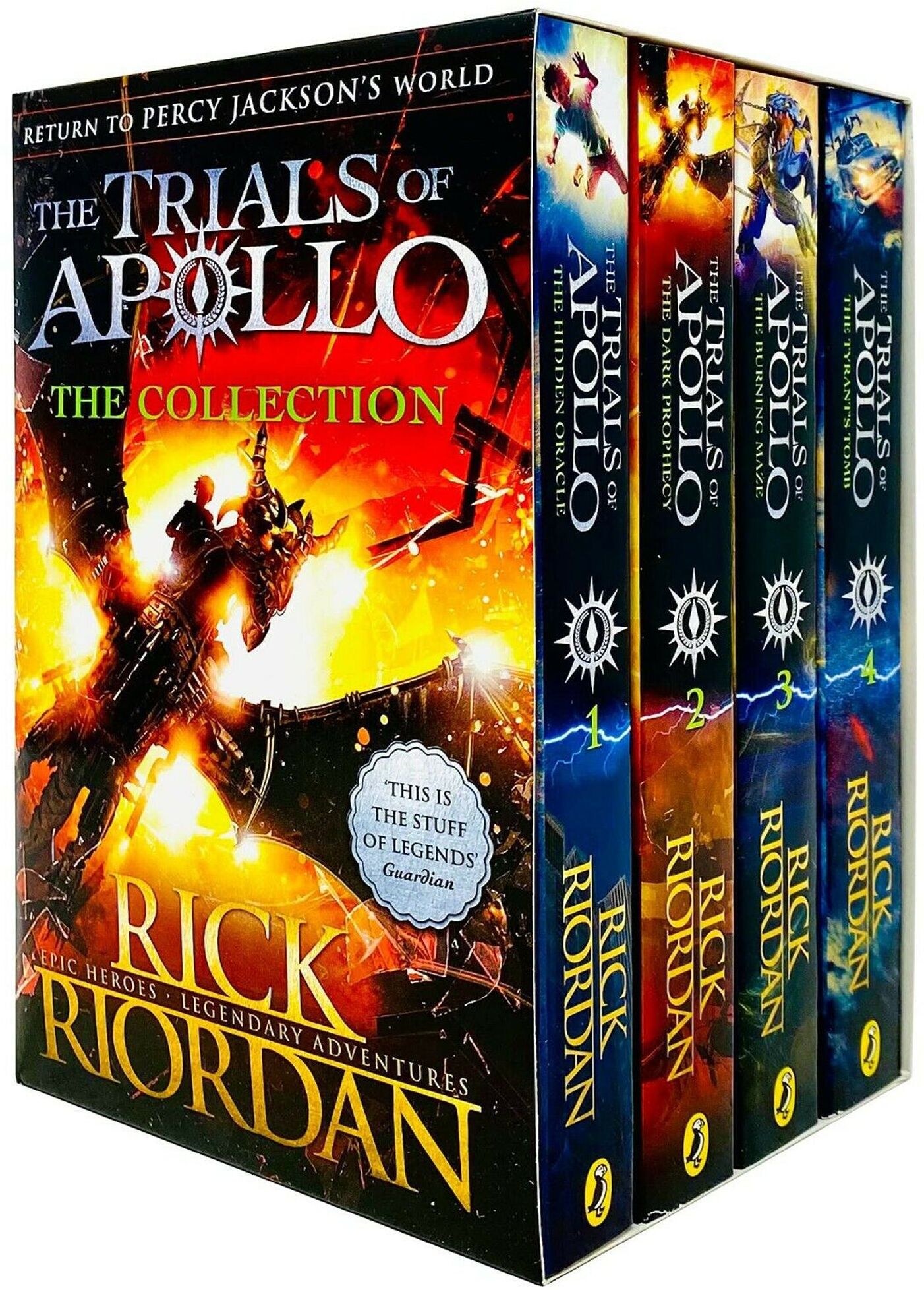 Penguin Trials of Apollo 4 Book Set by Rick Riordan – Hidden Oracle, Dark Prophecy, Burning Maze & Tyrant’s Tomb