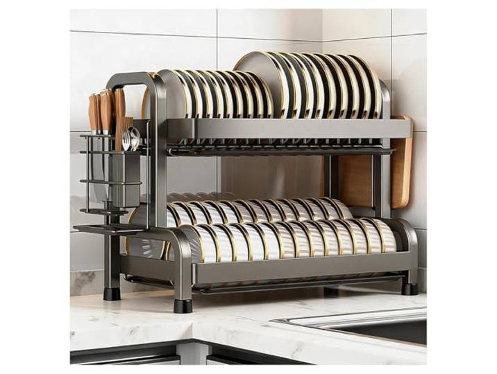 GAOHONGMEI Geschirrabtropfgestell mit Abtropfschale – Küchenspülen-Organizer mit großem Fassungsvermögen, rostfreies Geschirrtrockengestell mit Besteckhalter, platzsparendes Design(2 Tier,52cm)