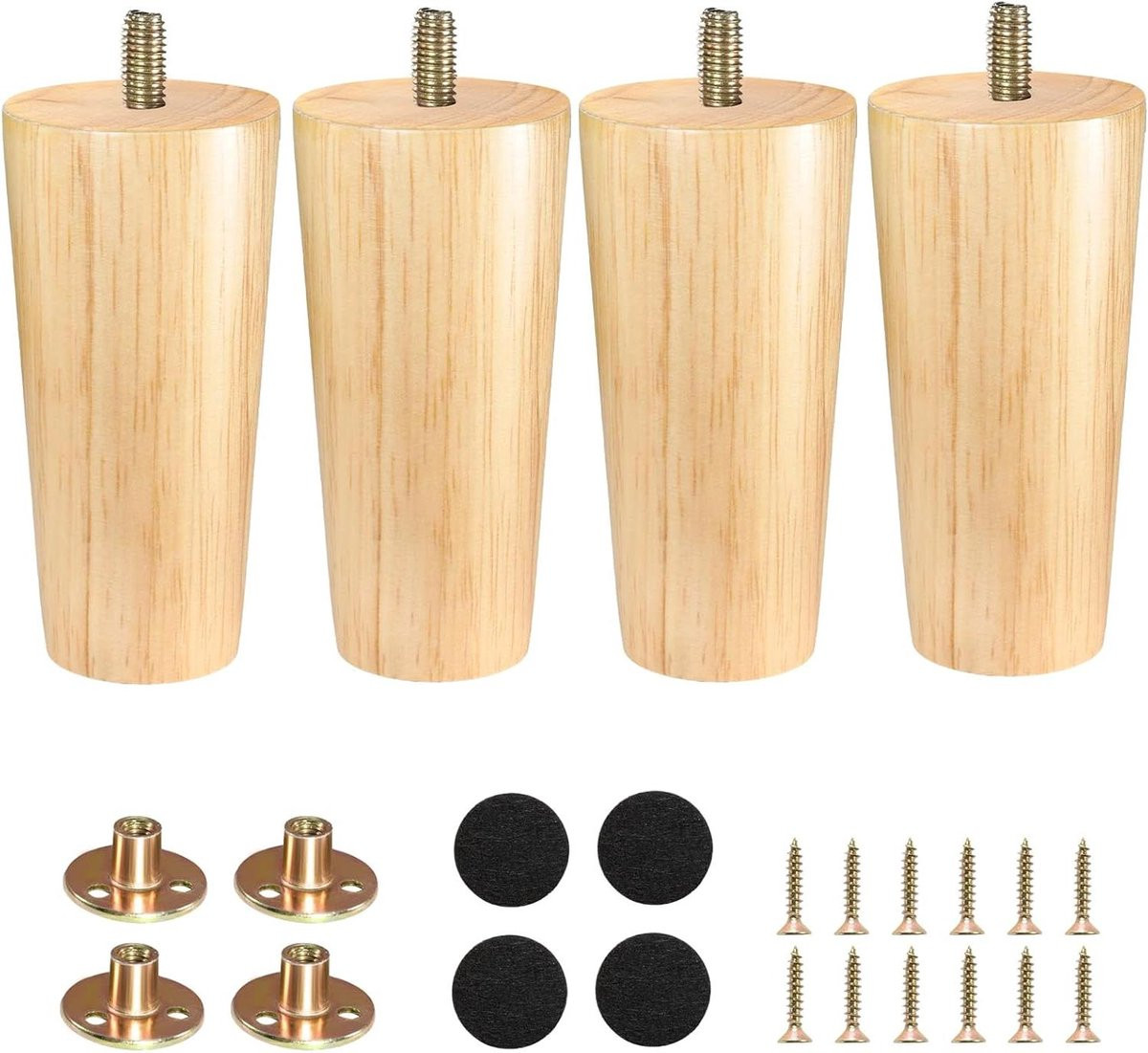 Set van 4 houten meubelpoten met montageplaat en vilt glijders, hoogte: 12 cm