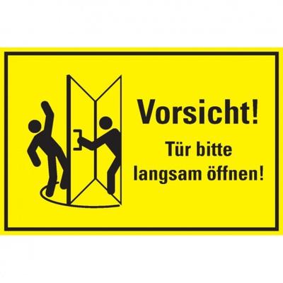 Aufkleber I Hinweisschild Vorsicht! Tür bitte langsam öffnen! Folie, selbstklebend, 300x200mm