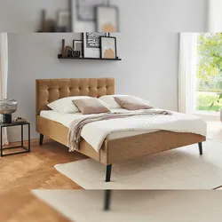 Aileenstore Polsterbett mit Matratze und Lattenrahmen 140 x2 00 Bettgestell Bett Doppelbett mit Kopfteil Ocker Made in Germany