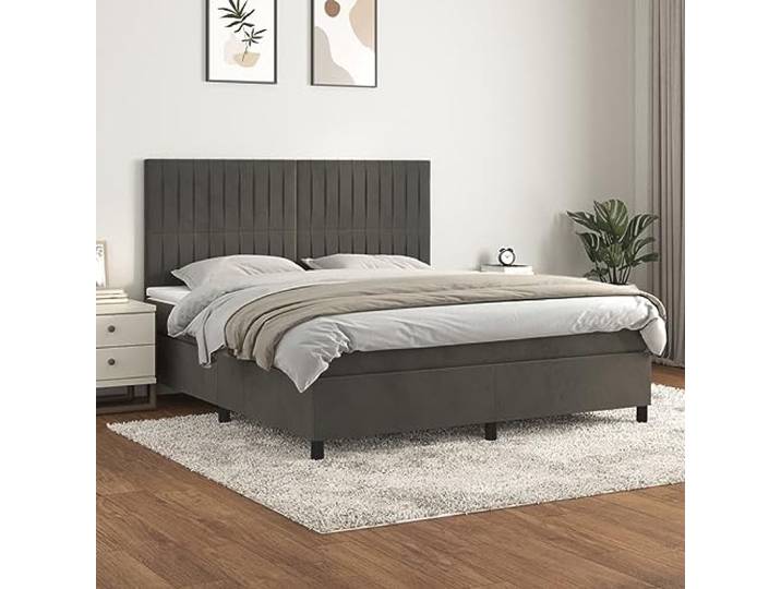 RJPLMFV Bettgestell, Velours, Dunkelgrau, 160 x 200 cm Verstellbares Kopfteil, Taschenfederkernmatratze, mittelharte Unterstützung, weicher Matratzenschoner