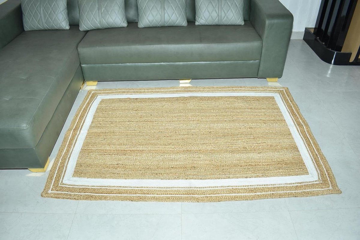 Handgeweven Jute Tapijt - Rechthoekig Vloerkleed - Beige Wit