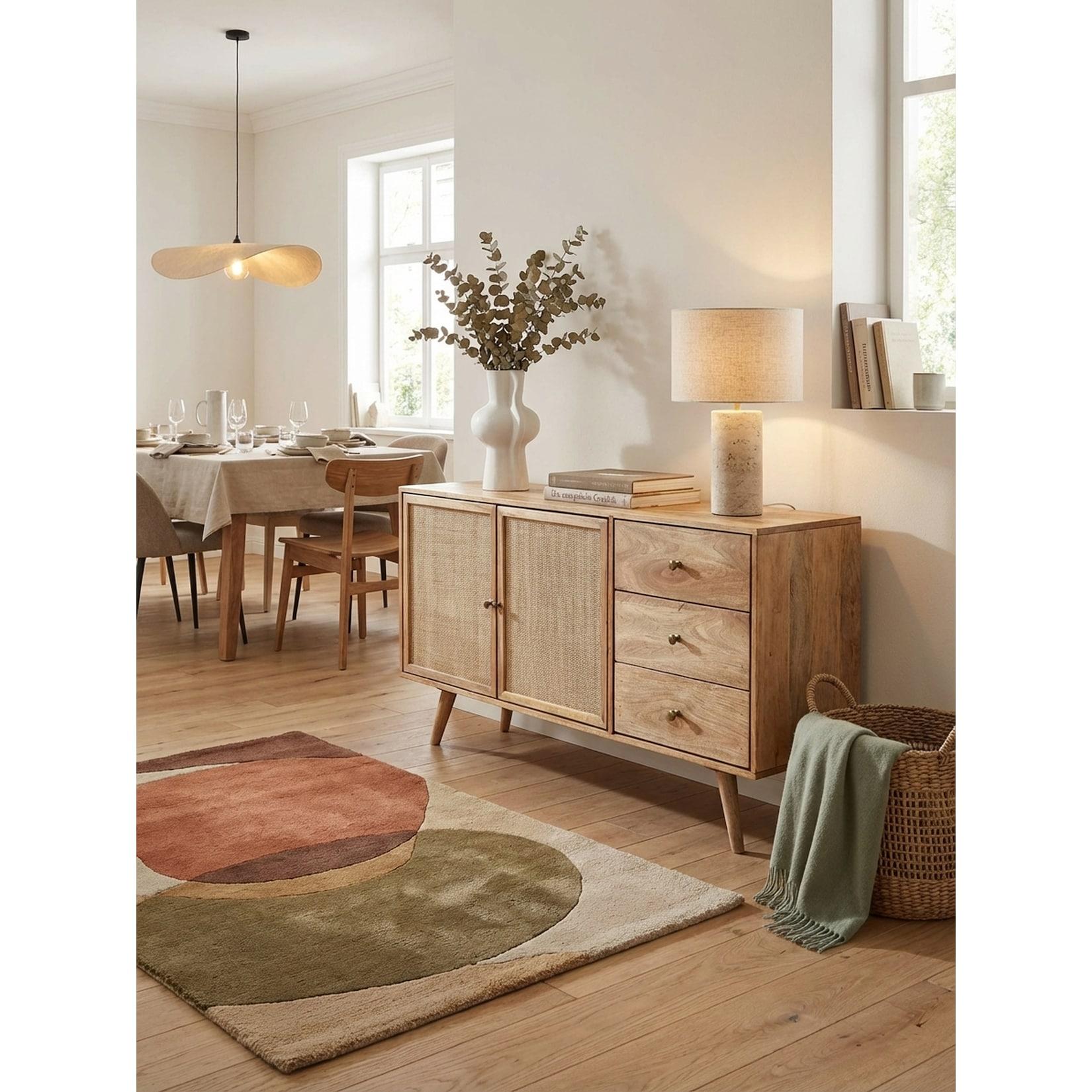 Sideboard – Mango Massivholz/Rattan, 140x75x40 cm, 3 Schubladen, 2 Türen