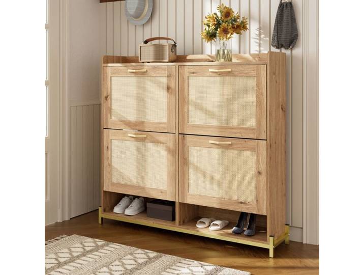 Meuble a chaussures 108x24x100 cm avec 4 portes Armoire à chaussures avec cadre métallique Meuble entree en aspect bois
