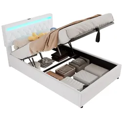Merax 140*200 cm Doppelbett, Polsterbett, mit Umgebungslicht, USB- und Typ-C-Steckdose, Bett kann angehoben und abgesenkt werden, weiß