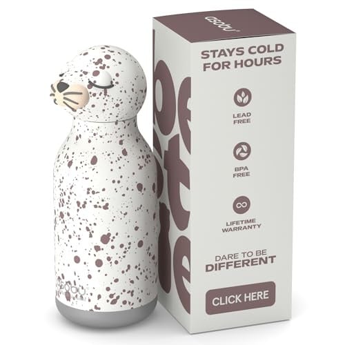 ASOBU Bestie Kinderdrinkfles met rietje, geïsoleerd roestvrij staal, 420 ml, Zeehondkop