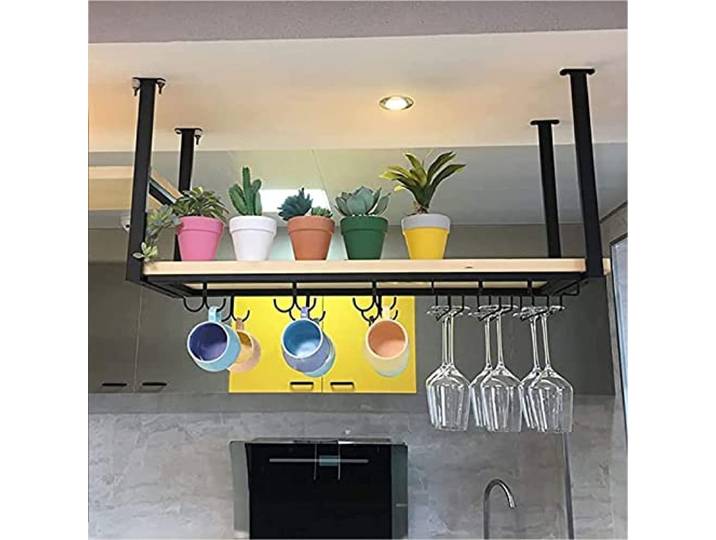 OOPDNEGAK Hängender Weinglashalter – Deckenregal, Wandmontiertes Aufbewahrungsregal Schmiedeeisen Topfpflanzen, Deckenorganizer Massivholz, Hängeständer, Ideal Für Bar/Küche/Hotel(120X30X40CM)