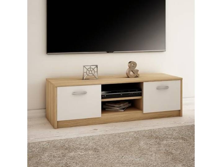 Home Collective TV-Schrank 120cm breit Lowboard in matt Fernsehtisch mit 2 Türen und 1 Regal aus laminiertem Board abgerundete Kante und Metall-Rollschienen Fernsehkommode Sonoma weiß