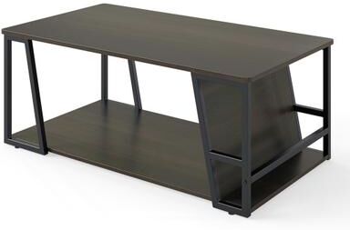 Costway Rectangle Coffee Table 2-tier Industrial Accent Table with Storage Shelf and Compartment-Brown