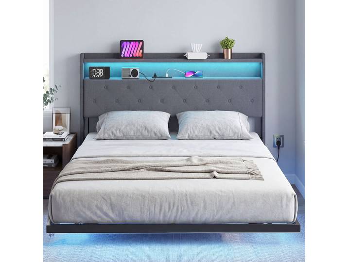 HOMCOM Lit 160x200cm LED RGB Flottant Acier Gris 2 Personnes