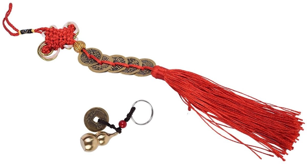 Dailygoods Feng Shui Geldsleutelhanger - Koperen Kalebas met Chinese Knoop en Geluksmunt