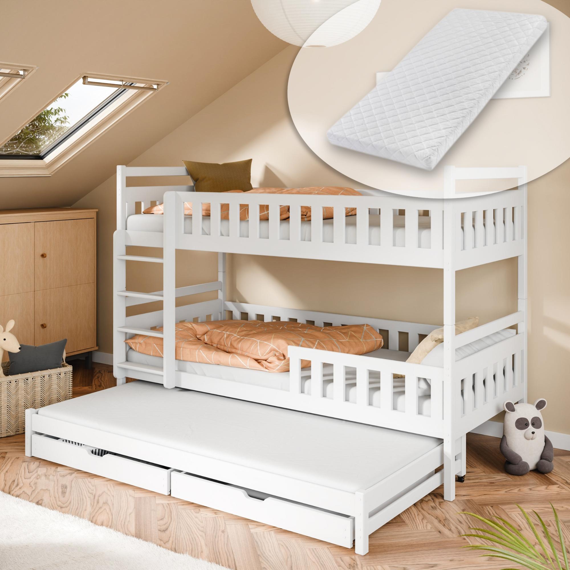 Kids Collective Etagenbett Hochbett Stockbett Kinderbett 90x200 cm mit Ausziehbett und Schubladen Umbaubar zu 3 Einzelbetten mit Matratze Lattenrosten & Rausfallschutz weiß