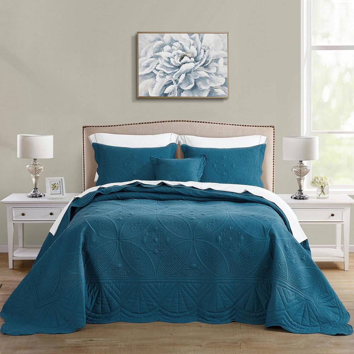 4-delige blauwe bedsprei set met dekbedovertrek en decoratieve stiksels