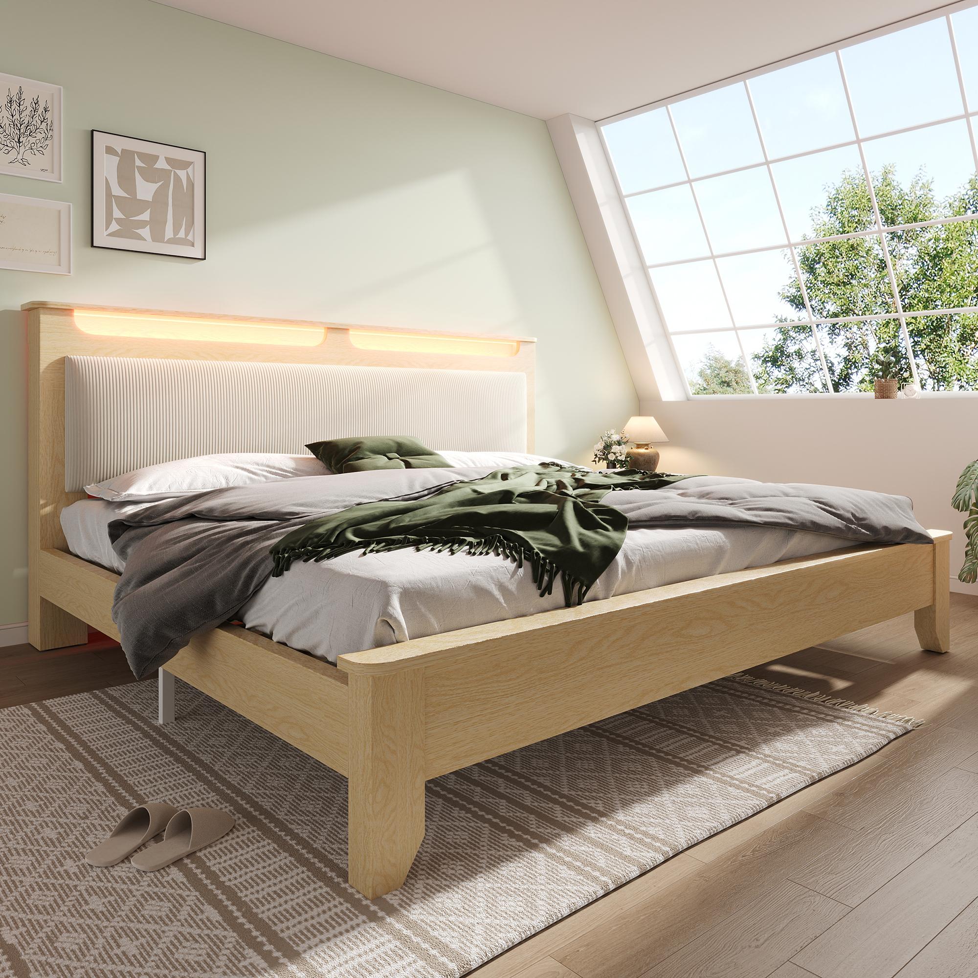Doppelbett Holzbett 180×200cm, Kopfteil mit Stauraum, LED-Beleuchtung und Beigefarbener Cordpolster-Rückenlehne, Bettrahmen mit Holzlatten