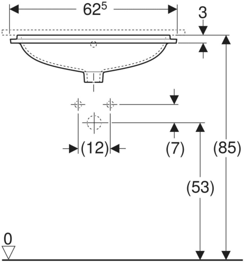 Geberit Unterbau-Waschtisch VariForm 62,5x49cm, o HL, m Ü, ellip., US gl / w (500757012)