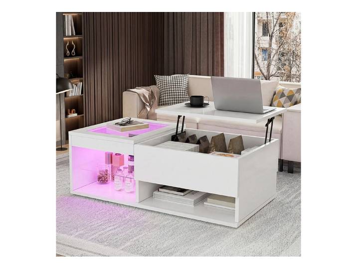 BELUPAI Couchtisch Höhenverstellbarer Wohnzimmertisch Mit LED Beleuchtung, Sofatisch mit Verstecktem Stauraum und Glasregale