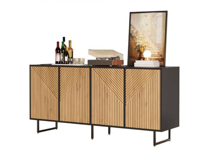 Buffet salon 160x40x75 cm 4 portes bois naturel et noir 3 pieds