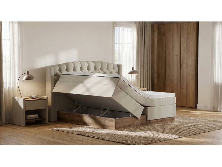 Meisterbetten Boxspringbett Magi (Boxspringbett Magi 160x200 cm mit Bettkasten, Bett 160x200 cm mit Stauraum, 7-Zonen Taschenfederkernmatratzen, Ergoflex Topper, Creme), Inklusive kostenloser Lieferung und Aufbau