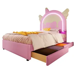 OKWISH Polsterbett 90x200 mit 2 Schubladen, LED-Leuchtleiste, Einhorn-Design, Stauraum und fantasievolles Schlafzimmer, Rosa