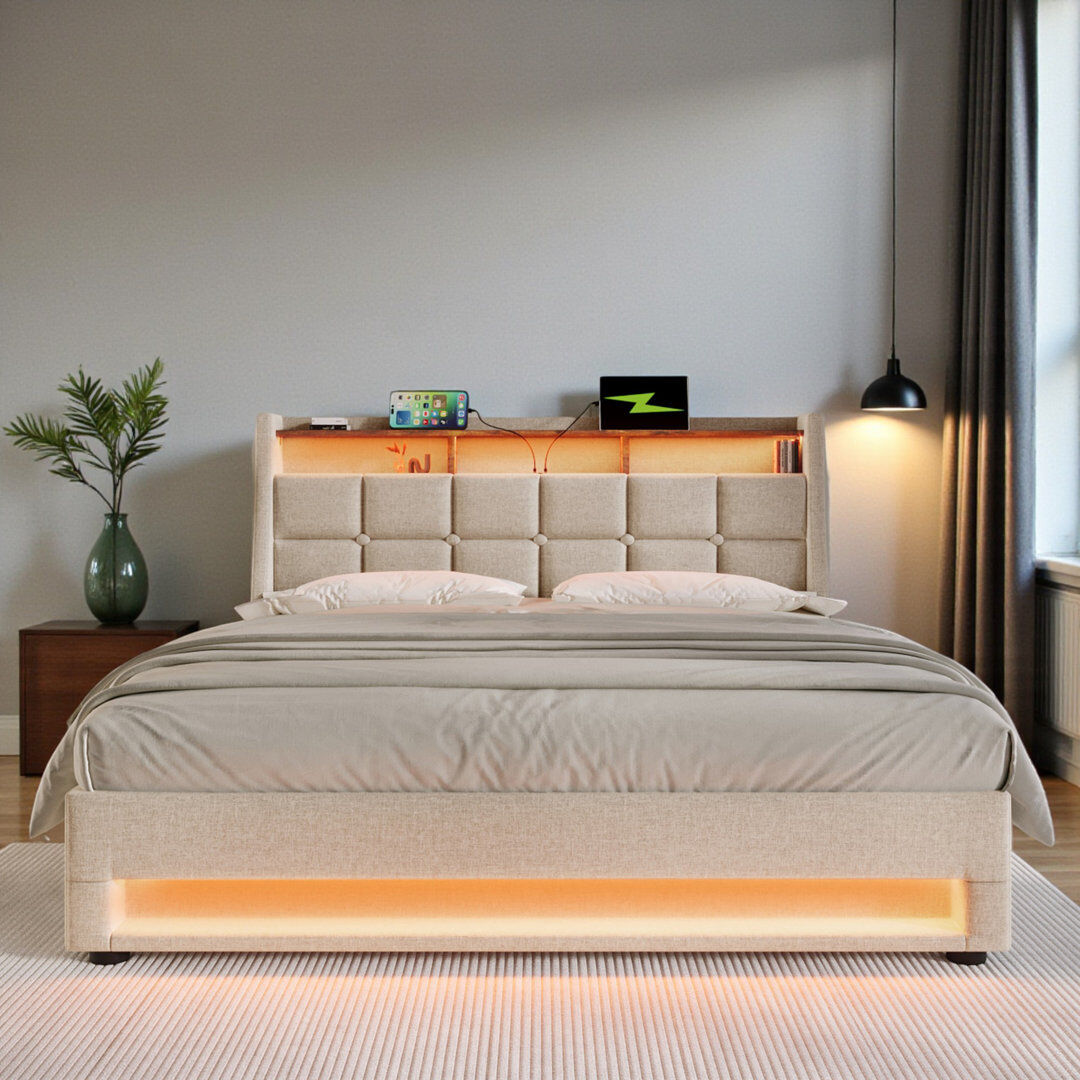 Canora Grey Upholstered Ottoman Storage Bed Beige Kingsize (155 x210 cm)