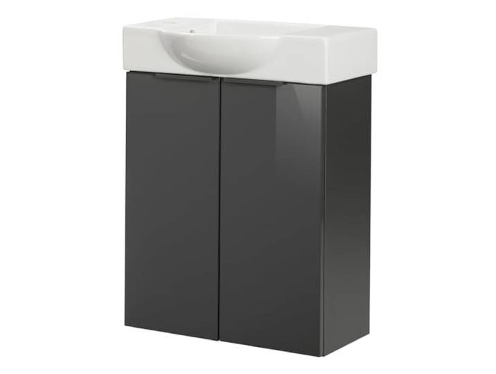 FACKELMANN Luna Gäste-WC Set 2 Teile – Waschtischunterschrank in Anthrazit mit Waschbecken aus Keramik – SBC Waschbeckenunterschrank schmal – 2 Türen – Hahnloch Links – 55 cm breit