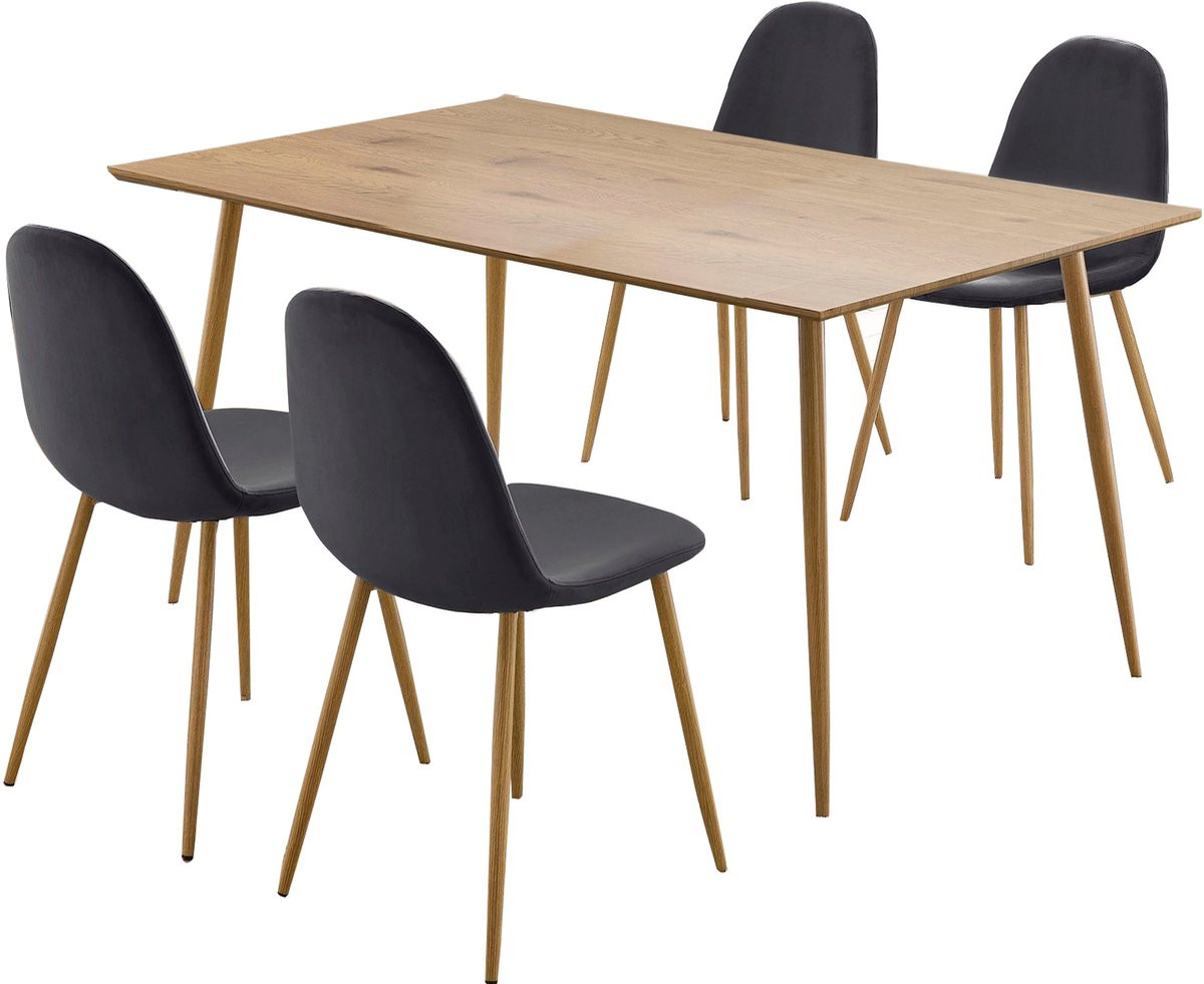 Notio Living Eetset met Tafel en Stoelen - Antraciet/Eiken - 160 cm