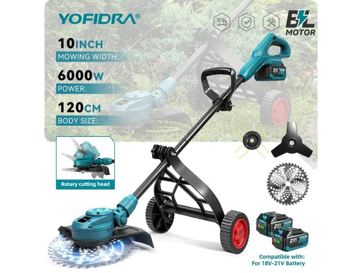 YOFIDRA 10 pouces 6000W tondeuse à gazon électrique sans brosse 58000 tr/min tondeuse à gazon pliable outil électrique de jardin pour Makita 18V batterie broche