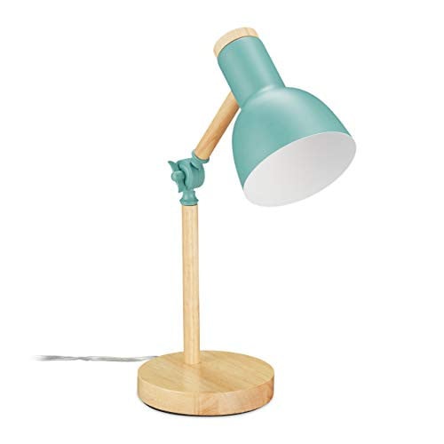 Relaxdays Retro Bureaulamp, Verstelbare Tafellamp van Hout en Metaal, Groen, Hoogte: 45,5 cm, Diepte: 14,5 cm