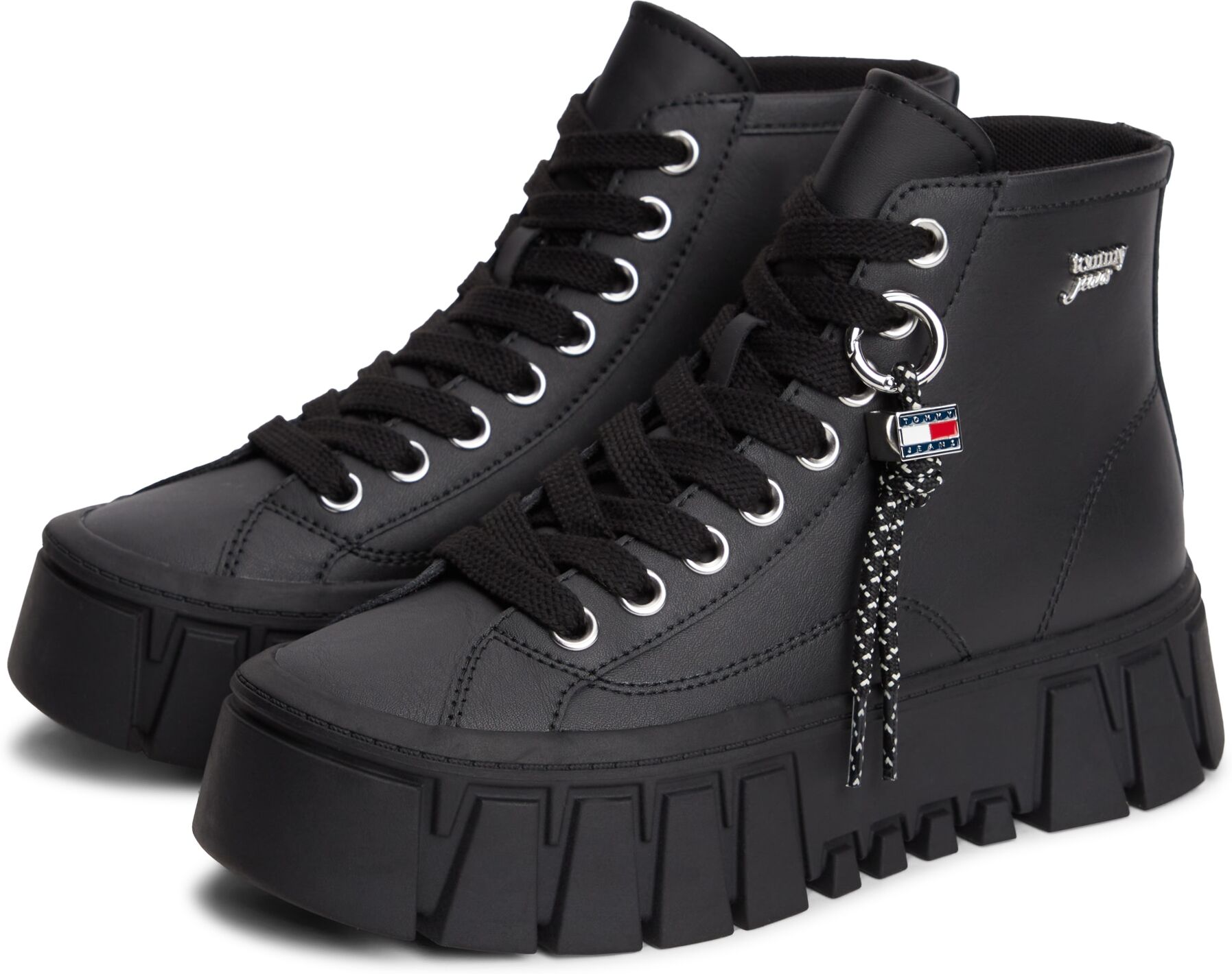 Plateausneaker TOMMY JEANS "TJW PLATFORM SNEAKER LEATHER MC", Damen, Gr. 36, Textil, schwarz, Leder, Schuhe Plateausneaker, Schnürboots mit trendigem Charm