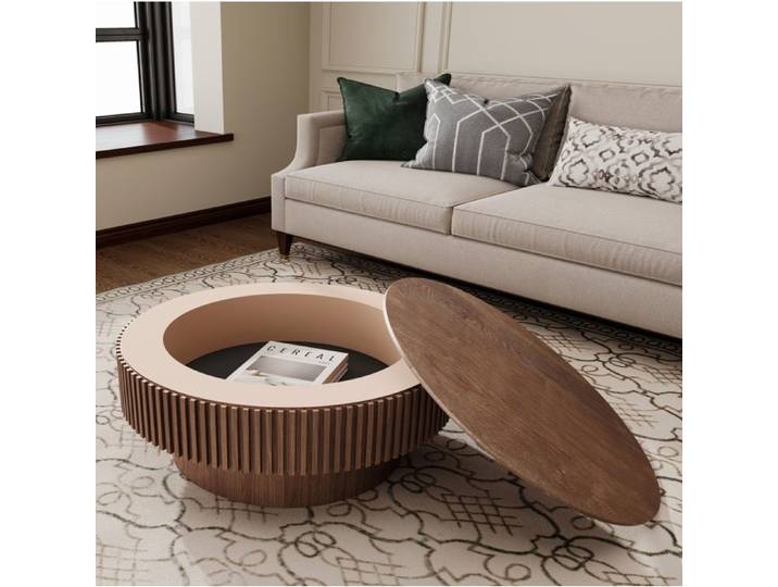Table basse ronde AESVAR 75 cm avec rangement intégré bois plaqué noyer MDF